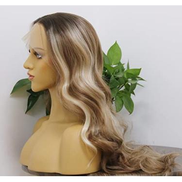 Imagem de MSMYRNS Peruca sintética HD Lace Front Wig para mulheres meninas platinado loiro destaques marrom solto ondulado cacheado resistente ao calor peruca longa ombré unidade de substituição de cabelo