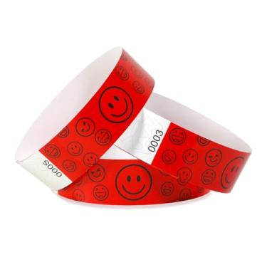 Imagem de Pacote com 500 pulseiras de papel sorridente para eventos à prova d'água, pulseiras leves de identificação de festivais, pulseiras adesivas neon para eventos (vermelho)