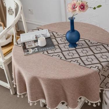 Imagem de Toalha de mesa redonda pequena redonda de tecido resistente com padrão de grade, toalha de mesa de linho com borlas rústica, capa de mesa lavável para festa de jardim, piquenique, jantar, decoração