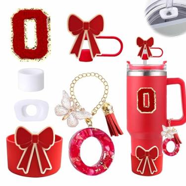 Imagem de Conjunto de 6 peças de acessórios para copo vermelho Stanley Cup 850 g 1,134 g copo com alça, incluindo tampa de cobertura de palha de silicone e bota de laço, tampa à prova de derramamento, pingente