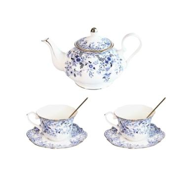Imagem de Conjunto de chá de porcelana floral vintage – 1 bule de chá, 2 xícaras e pires com acabamento dourado, inclui 2 colheres (flor chinesa)