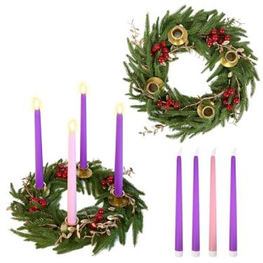 Imagem de Suporte de vela de guirlanda do advento de Natal com 4 velas sem chama, suporte de vela de pinheiro norfolk, guirlandas do advento com frutas vermelhas e folhas douradas para decoração de mesa de
