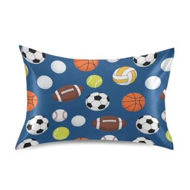 Imagem de Bolas esportivas azuis fronhas de seda para cabelo e pele fronha de cetim macio respirável tamanho padrão para quarto de meninas e meninos, 50 x 66 cm