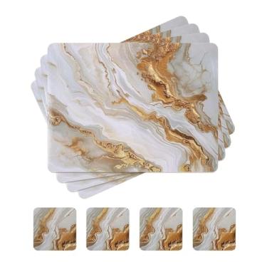 Imagem de fanquare Jogo americano e porta-copos de cortiça, conjunto de 4 tapetes de mesa com estampa de mármore, superfície rígida, resistente ao calor e fácil de limpar, decoração de mesa abstrata, areia