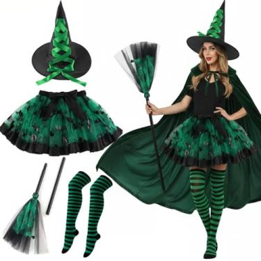 Imagem de LOTIKS Conjunto de luxo de fantasia de bruxa de conto de fadas com chapéu de vassoura saia tutu para adolescentes adultos (verde)