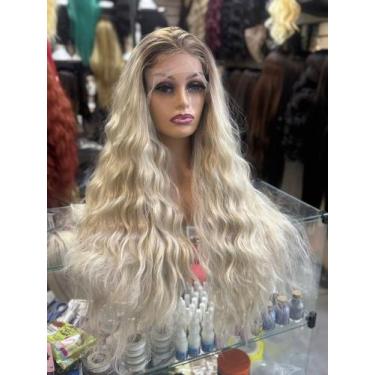 Imagem de Front lace loira peruca platinada ondulada tela hd lisa 75cm premium r