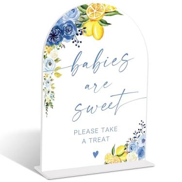 Imagem de Blue Floral Lemon Babies are Sweet Please Take a Treat Sign, Placa de acrílico em arco com suporte, decorações de chá de bebê com limão, decorações de festa de noivado, itens essenciais de casamento
