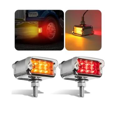 Imagem de ASNOO 2 peças âmbar/vermelho dupla revolução 12 luzes LED de seta com viseira, semi caminhão, dupla face, cromada, para-choques auxiliares para Freightliner Peterbilt Kenworth Mack Western Star