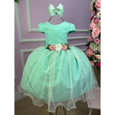 Imagem de Vestido Infantil Daminha Midi Flores Verde Menta - Elegante e Confortá