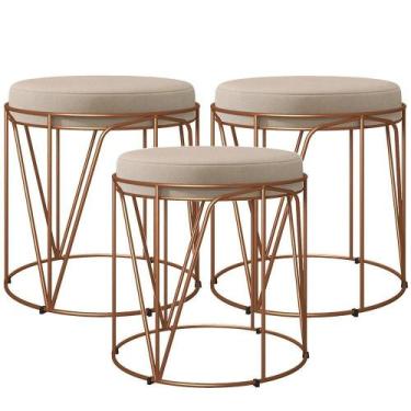 Imagem de Kit 03 Puffs Decorativo Aramado Bronze Zaya L02 Suede Bege - LYAM DECO