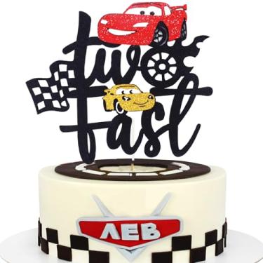 Imagem de MEMOVAN Two Fast Cake Topper Race Car 2nd Cake Toppers Racing Car Birthday Cake Decoration for Racing Car Checkered Flag Themed Girl Boy 2 Years Birthday Party Decoration Double Sided