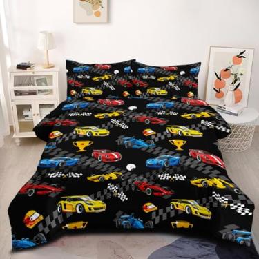 Imagem de CCoutueChen Conjunto de edredom de carro de corrida preto, tamanho completo, estampa vibrante de carro de corrida e 2 fronhas, itens essenciais para quarto infantil