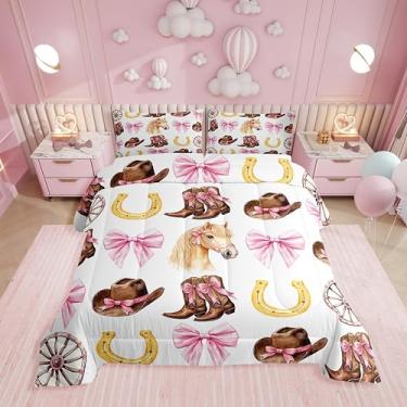 Imagem de Erosebridal Conjunto de cama solteiro com laço rosa para meninas, botas de vaqueira ocidental, chapéus e laços, edredom para crianças, adolescentes, colcha de ferradura retrô, decoração de quarto de