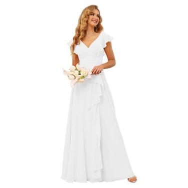 Imagem de Vestido de dama de honra TIRAS, elegante, babados, chiffon, branco, fe