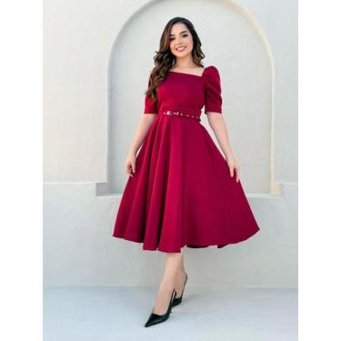 Imagem de Vestido Midi Social Elegante Decote Quadrado Assimétrico de Festa Conv