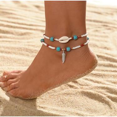 Imagem de Tornozeleira feminina boho turquesa em camadas com contas de praia com contas duplas de verão, boêmia, à prova d'água, contas ajustáveis, tornozeleira havaiana, enfeite de pé para presente