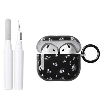 Imagem de COTYPOFLIYTT Compatível com Airpods 4 Geração Capa com Kit de Limpeza, Linda Flor Floral Elegante Design de Flor TPU Macio Capa Protetora com Chaveiro Meninas Mulheres para AirPods 4 - Preto