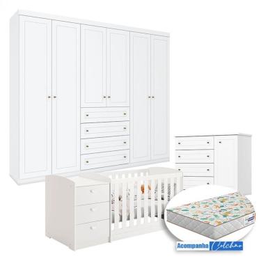 Imagem de Quarto Infantil Americano 6 Portas Com Berço Multifuncional Atlanta Branco Fosco E Colchão Gazin - Reller