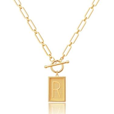 Imagem de Robaice Colar feminino banhado a ouro 14K, pingente de alfabeto personalizado com gravação inspiradora, corrente de clipe de papel, joia que não mancha, presente para ela, 18'' + 2'' extender, Metal