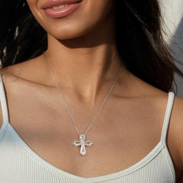 Imagem de Colar de prata para mulheres – Pingente de cruz radiante com pedras de zircônia cúbica, hipoalergênico personalizado, não mancha, presente de aniversário de Natal, joias modernas., 17", Latão, Sem