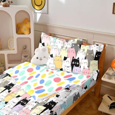 Imagem de Yadangxiawa Jogo de edredom infantil, solteiro com zíper, estampa de gatos, com manchas coloridas, lençol com elástico e fronhas para todas as estações