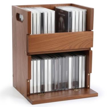 Imagem de AceOrbit 1 conjunto de suporte de caixa de armazenamento de CD de madeira, suporte de fita cassete com alças de transporte, comporta 42 Cd, prateleira de madeira de acácia para capas de filmes