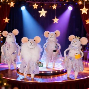 Imagem de Watereem Conjunto de 4 enfeites de rato de feltro de Natal, mini ratos princesa de 12 cm com saia de renda para pendurar na árvore de Natal, decoração de mesa de Natal de lã, artesanato com animais