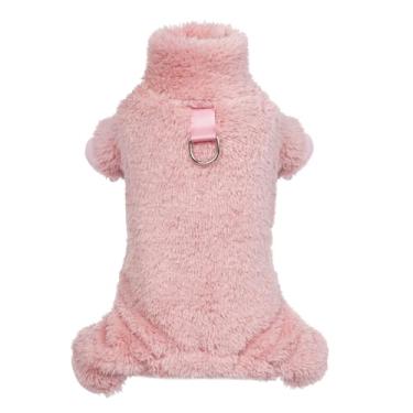 Imagem de Pijama de veludo para cachorro, suéter de gola rolê, macacão felpudo felpudo para gatos, roupas para animais de estimação, roupa de inverno, macacão para cães pequenos e gatos (rosa, médio)