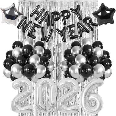 Imagem de Artigos de festa de ano novo 2026, decorações de ano novo prata preto 2026 com banner de balão de feliz ano novo, balões com números de 2026, cortina de franja de alumínio, balões de estrela para