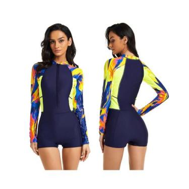 Imagem de Maiô de mangas compridas, peça única, estampa floral, poliéster femini