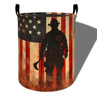Imagem de amepay Cesta de lavanderia patriótica para bombeiros, pano Oxford dobrável, cesto de roupas sujas à prova d'água com alças, organizador de brinquedos para banheiro, quarto, dormitório, 50 x 39,9 cm
