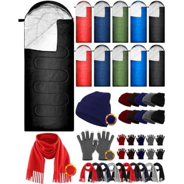 Imagem de Tranqun 40 sacos de dormir para adultos a granel com gorro de inverno, luvas de tela sensível ao toque, lenços, forro de algodão impermeável, saco de dormir para clima frio para acampamento de