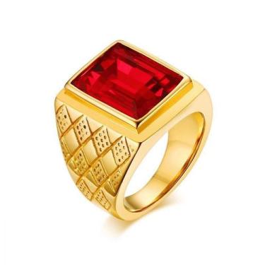 Imagem de Anel Masculino Homem Banhado Ouro 18k Pedra Vermelha Granada - Jeweler
