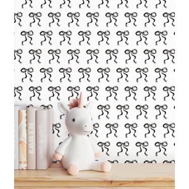 Imagem de RUSPEPA Papel de parede destacável e colado, 17,3 polegadas x 17,5 pés, design de laço preto, papel de parede removível, papel de contato decorativo à prova d'água para armários, paredes