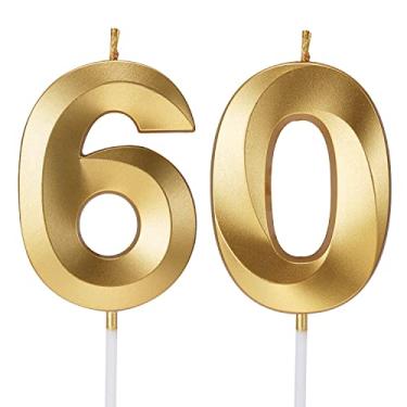 Imagem de Velas de aniversário de 60 anos para bolos, números felizes, 60 anos, design 3D, decoração de bolo de festa de aniversário de casamento (60, ouro)