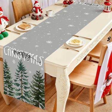 Imagem de Caminho de mesa de Natal de inverno, decoração de mesa de pinheiros verdes para Natal, férias, fazenda, casa, cozinha, jantar, festa