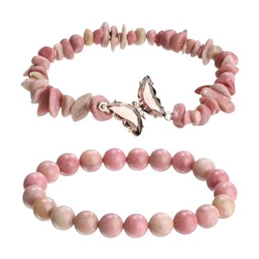 Imagem de PATIKIL Pulseiras de cristal para mulheres, 2 peças, pulseira de contas de ametista natural com pingente de borboleta elástica para presentes de amizade de casal, pêssego