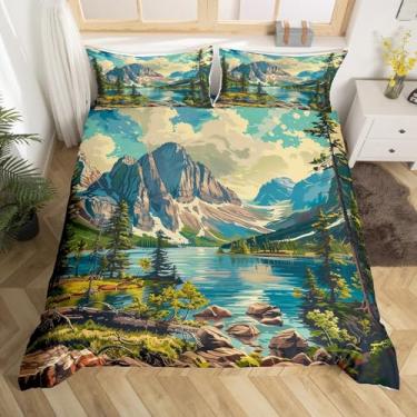 Imagem de Mountain River, conjunto de capa de edredom tamanho Queen, conjunto de cama para decoração de quarto de crianças, adolescentes e adultos, capa de edredom com paisagem natural e 2 fronhas