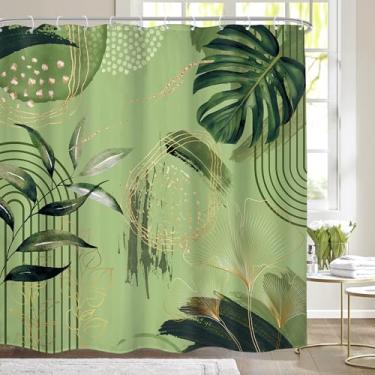 Imagem de Mitpok Cortina de chuveiro boho verde sálvia 72Lx72H abstrata folhas de palmeira tropicais de meados do século planta dourada geométrica minimalista botânica decoração de banheiro moderna cortina de