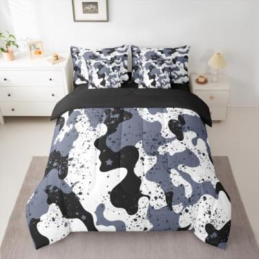 Imagem de jejeloiu Conjunto de edredom camuflado com 7 peças, solteiro, exército, camuflagem, estilo colorido, em uma bolsa, cinza e azul, para decoração de quarto de crianças, meninos, meninas, microfibra leve