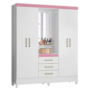 Imagem de Guarda Roupa Capelinha Pérsia 4 Portas  Branco Rosa Com Espelho - Demóbile Branco Rosa