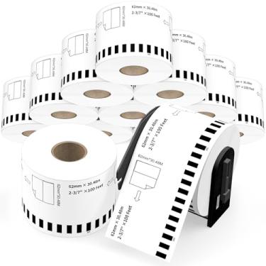 Imagem de 12 rolos de 6,5 cm x 30,5 m DK-2205 etiquetas de envio compatíveis com impressoras Brother QL - Inclui 1 moldura destacável - para etiqueta de endereço, código de barras e etiqueta de envio