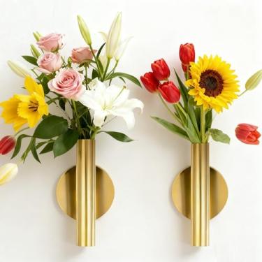 Imagem de Pacote com 2 vasos de parede circulares dourados para flores, vasos de parede pendurados de metal para decoração de casa moderna, suporte de vaso de flores para flores artificiais e secas, vasos de