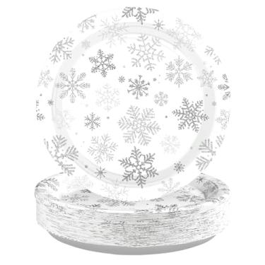 Imagem de 50 peças de pratos de papel de Natal, 25,4 cm, grande, inverno, floco de neve, prata, cinza, tema país das maravilhas pratos de sobremesa, suprimentos de festa de floco de neve descartáveis para