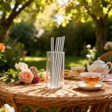Imagem de Conjunto de 4 canudos de vidro, canudos reutilizáveis, 4 canudos retos com escova de limpeza para smoothies suco de chá