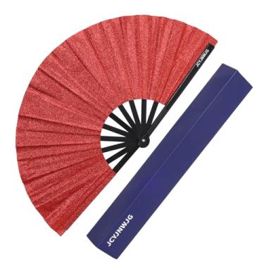 Imagem de JCYJNWJG Ventilador de mão grande dobrável de 34,3 cm para mulheres, leque de mão dobrável para dança em linha – Ritmo de estourar, rave, dança ou decoração (vermelho)