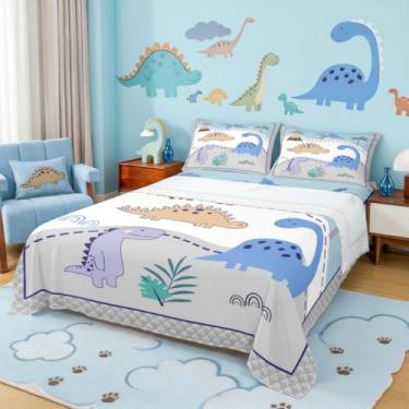 Imagem de Jogo de lençol infantil com estampa de dinossauro fofo de desenho animado, adorável mundo animal, listrado, cinza e branco, decoração de casa, lençol de cima, lençol de cima, tamanho solteiro