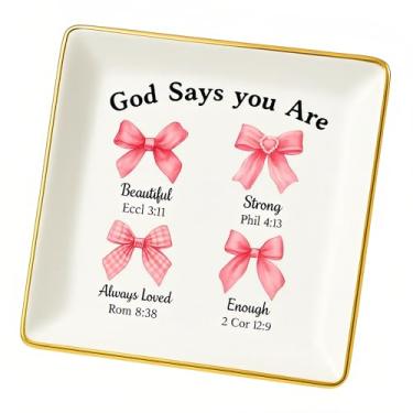 Imagem de Bandeja de joias cristãs de cerâmica rosa com versículo da Bíblia – Presente católico espiritual para mulheres e filhas – Organizador de bandeja de joias para batismo, confirmação e quinze anos