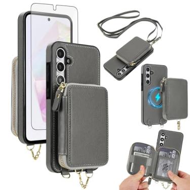 Imagem de Capa de celular para Samsung Galaxy A15 5G/4G carteira com zíper e protetor de tela, alça transversal 2 em 1 magnético destacável MagSafe bloqueio RFID Flip A 15 G5 15A feminino masculino cinza