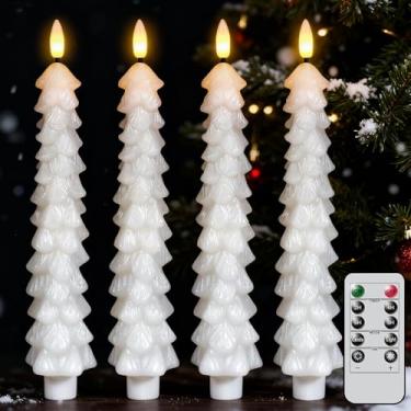 Imagem de Lasumora Velas de árvore de Natal com temporizador remoto, 4 peças de velas cônicas cerosas sem chama, cintilantes, castiçais de LED operados por bateria com pavio de chama 3D, vela de janela branca